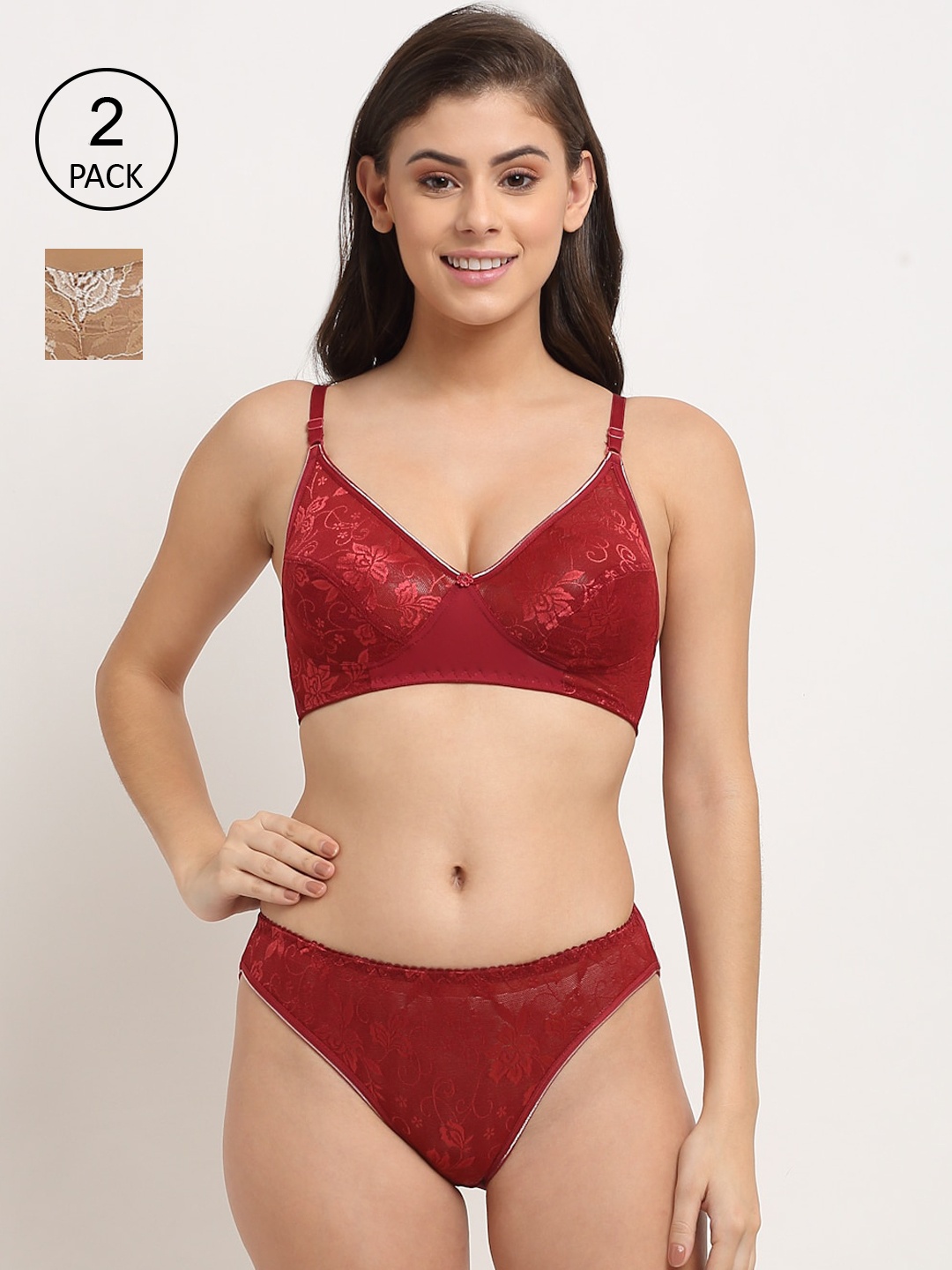 

Friskers Pack Of 2 Maroon & Beige Non Padded Lingerie Sets