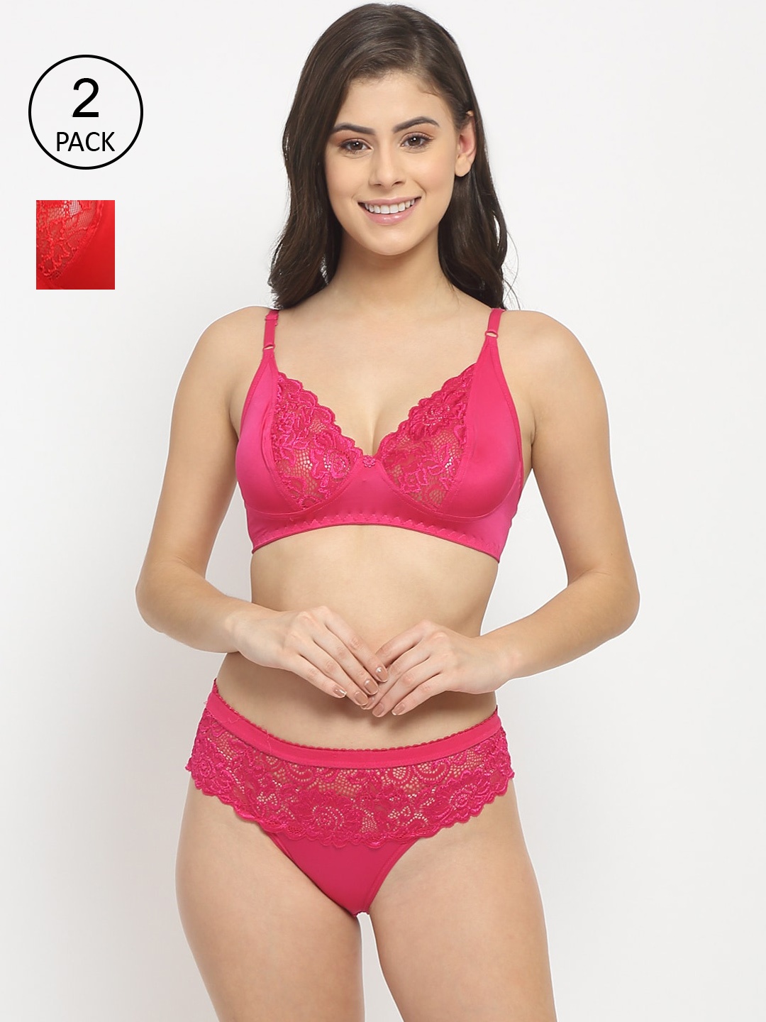 

Friskers Women Red & Pink Pack of 2 Non Padded Lace Lingerie Set 2O-305-03-305-07-30