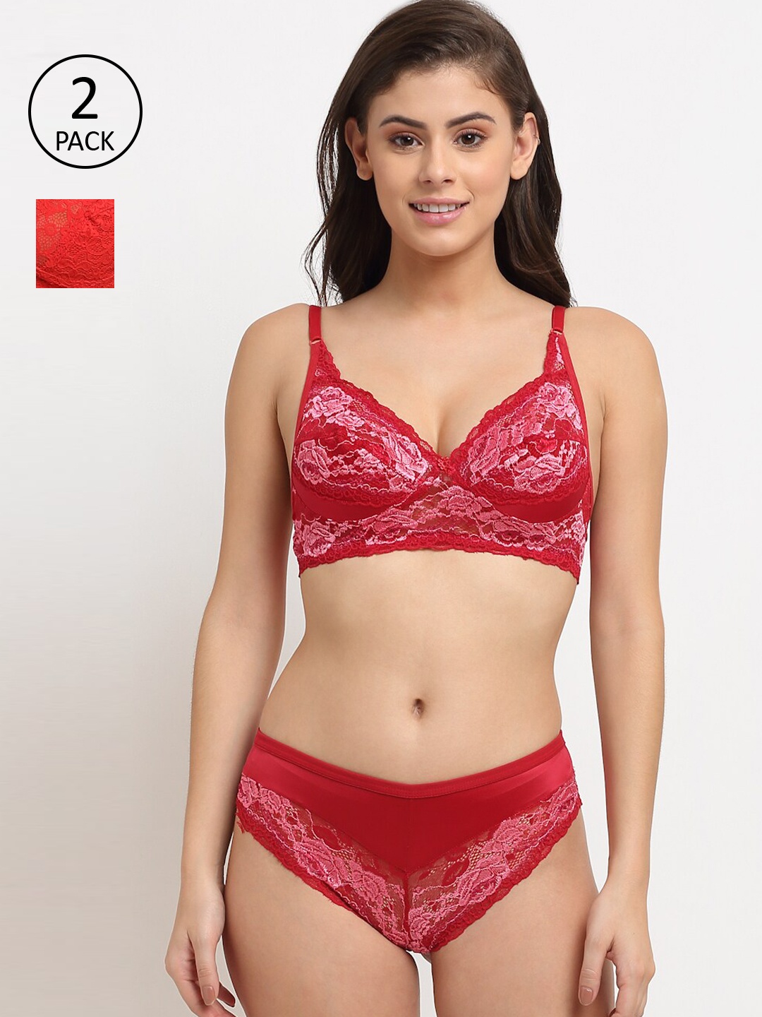 

Friskers Women Red Pack of 2 Non Padded Lace Lingerie Set 2O-306-03-308-03-30