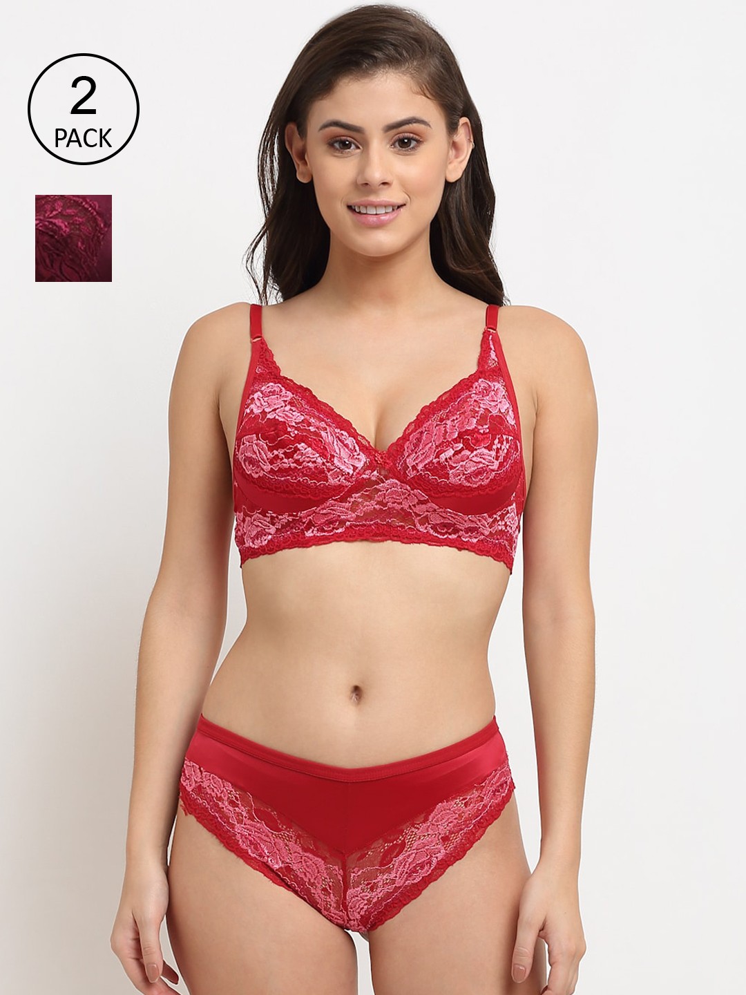 

Friskers Women Pack of 2 Red & Maroon Non padded Spandex Lingerie set-2O-308-03-309-38-30