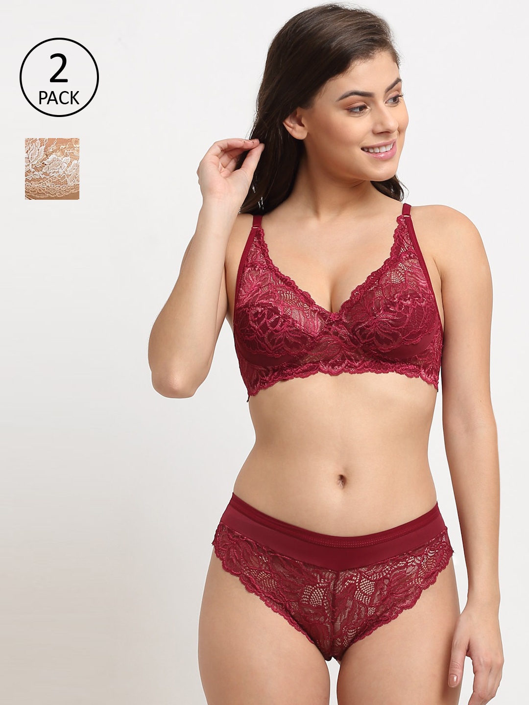 

Friskers Pack of 2 Self Design Lingerie Set, Maroon