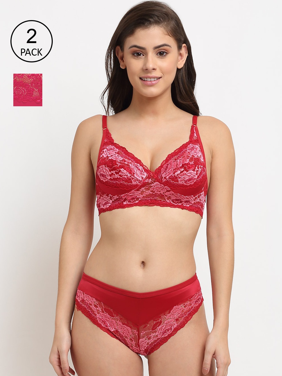 

Friskers Women Red & Pink Pack of 2 Non Padded Lace Lingerie Set 2O-305-07-308-03-30
