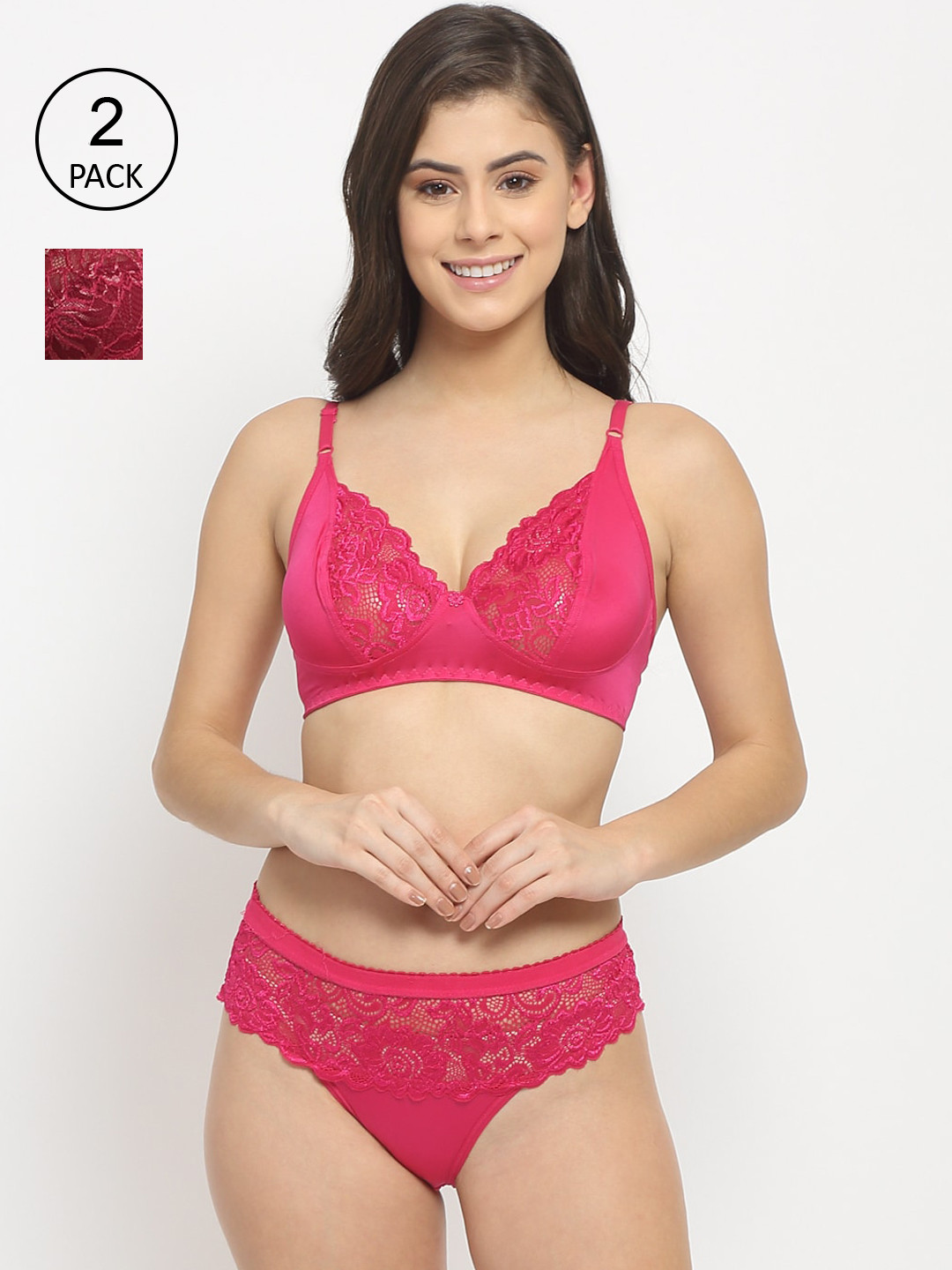 

Friskers Women Maroon & Pink Pack of 2 Non Padded Lace Lingerie Set 2O-305-07-308-38-30