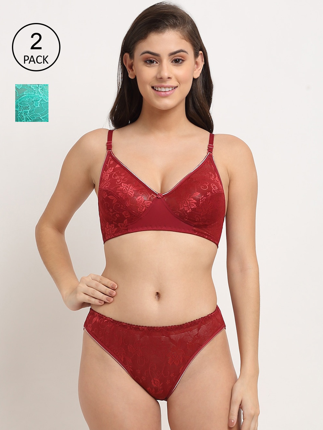 

Friskers Green & Maroon Pack Of 2 Non Padded Lingerie Set