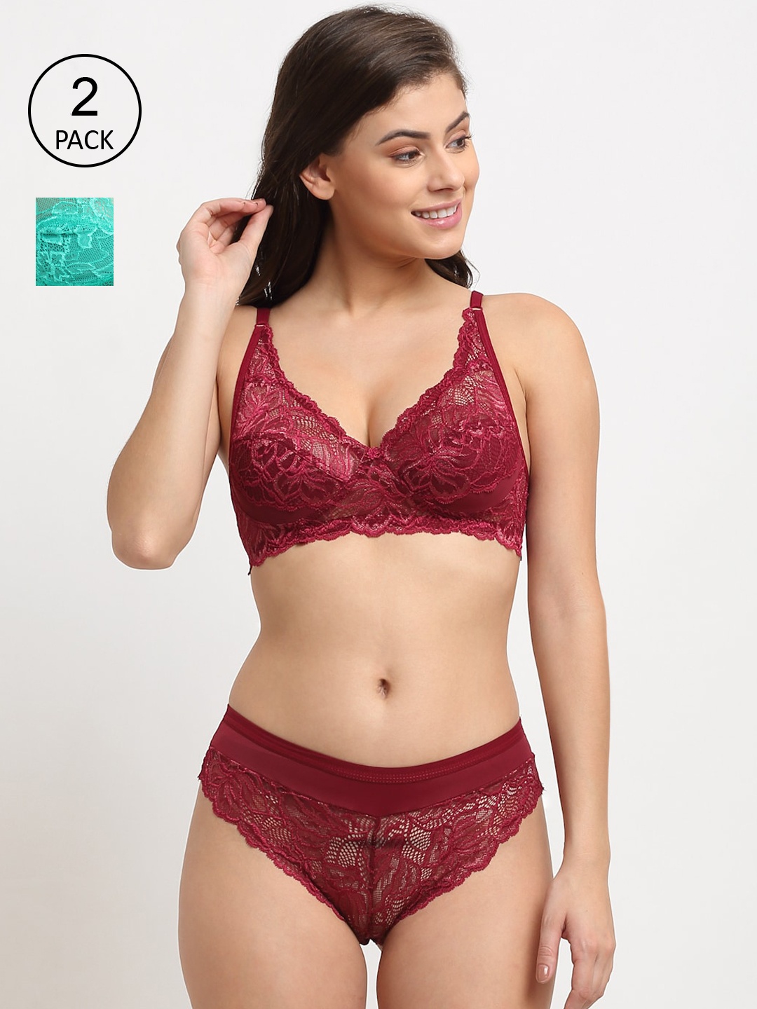 

Friskers Women Maroon & Green Pack of 2 Non Padded Lace Lingerie Set 2O-308-38-310-39-30