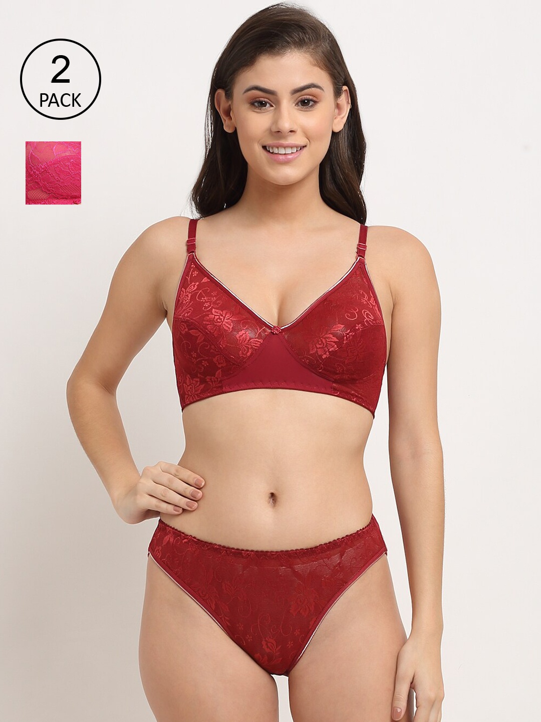 

Friskers Pack Of 2 Maroon & Pink Non Padded Lingerie Sets
