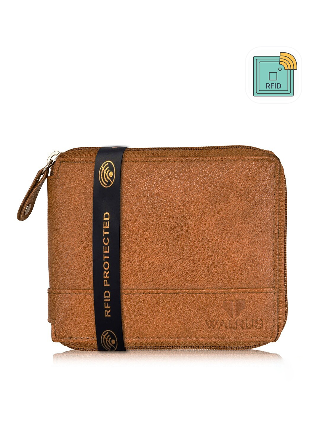 

Walrus Men Brown Solid Vegan Leather Zip Around Wallet with RFID Protection