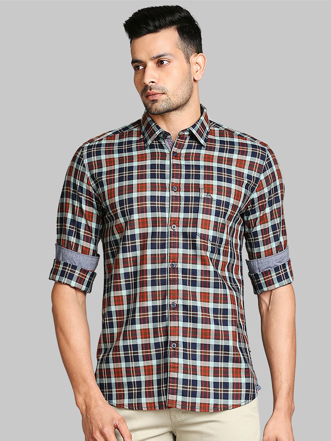 

Parx Men Olive Green Slim Fit Opaque Checked Casual Shirt