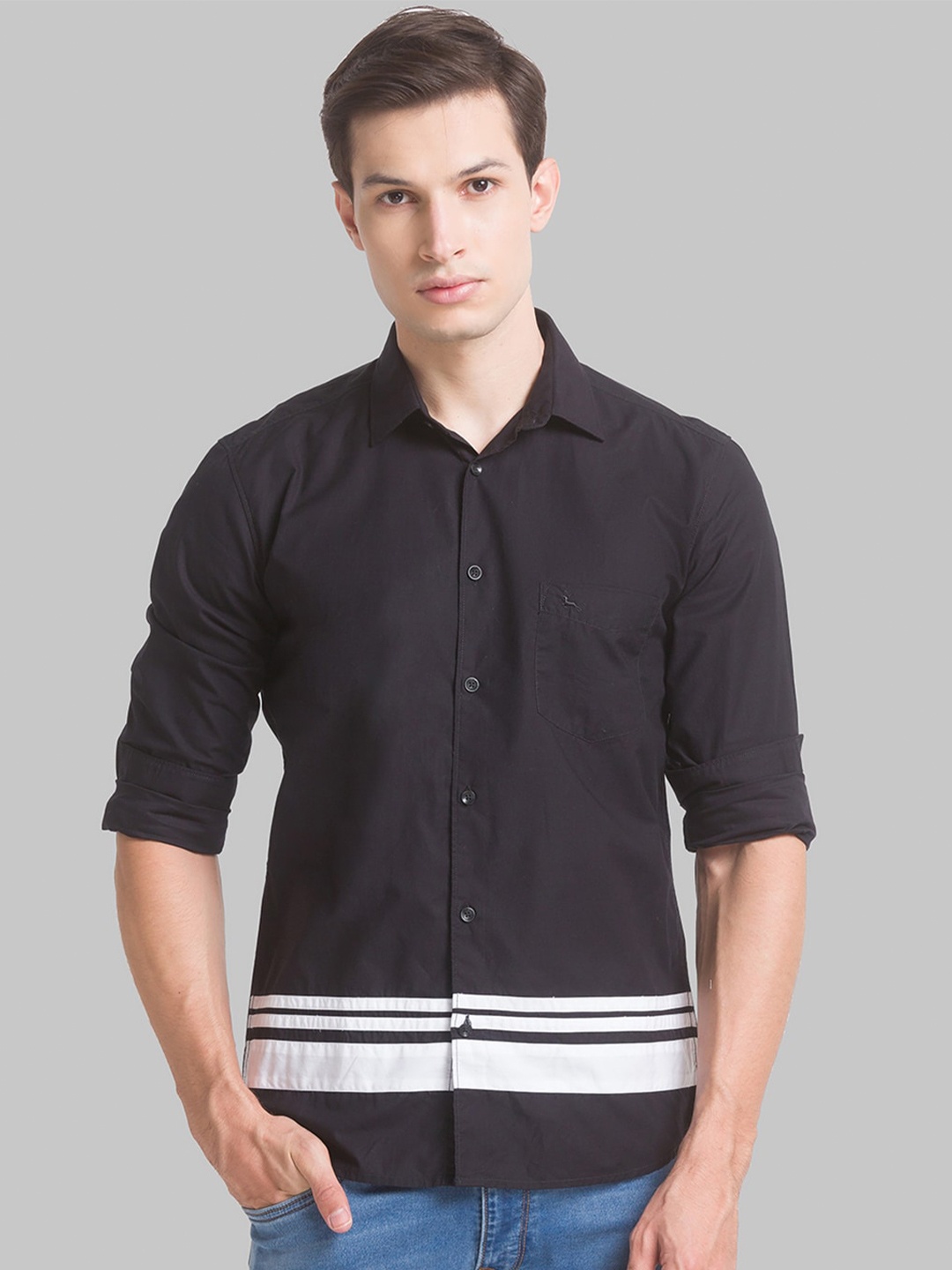 

Parx Men Black Slim Fit Horizontal Stripes Opaque Striped Casual Shirt