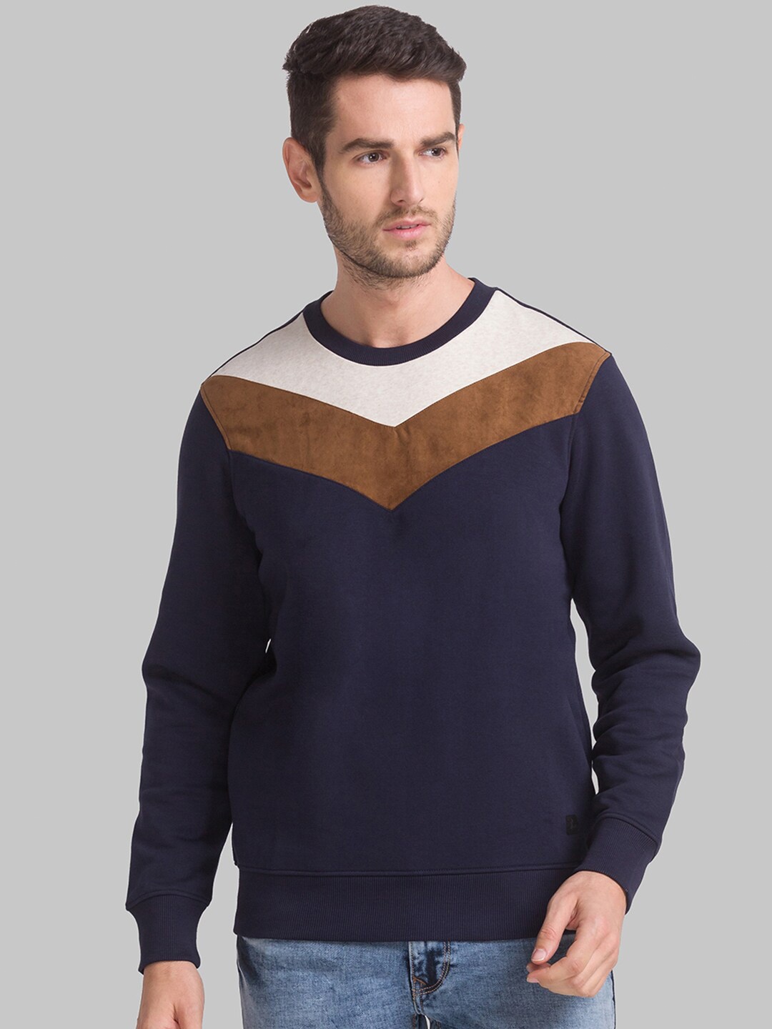 

Parx Men Navy Blue Colourblocked Round Neck Sweatshirt