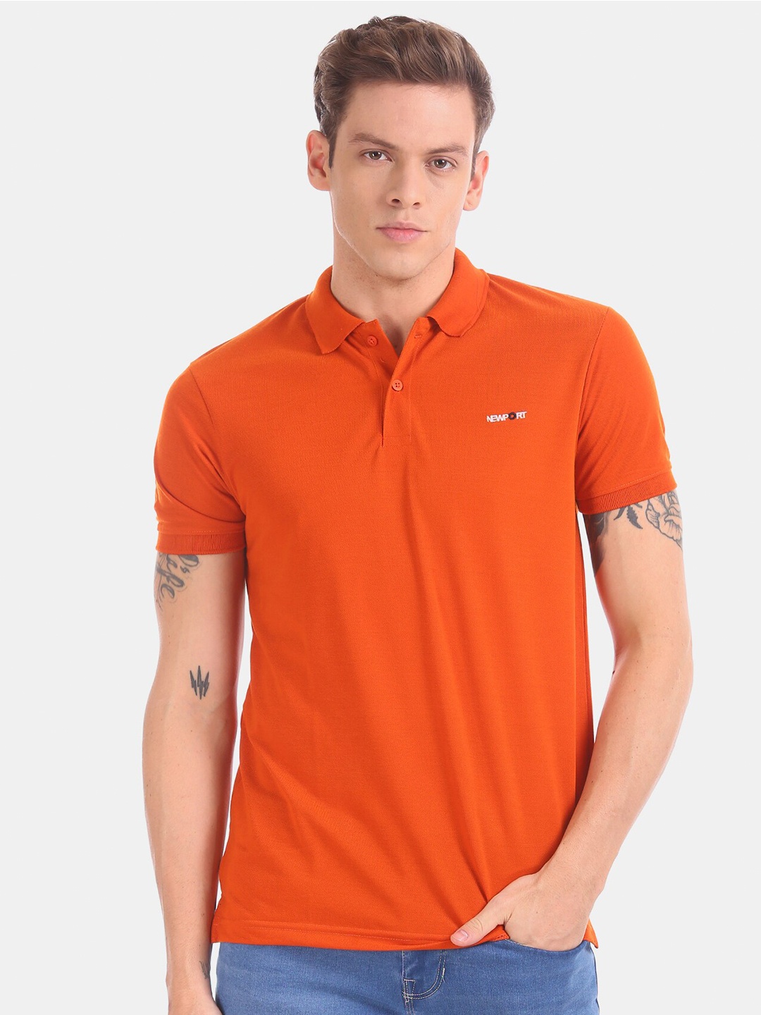 

Newport Men Orange Solid Polo Collar T-shirt
