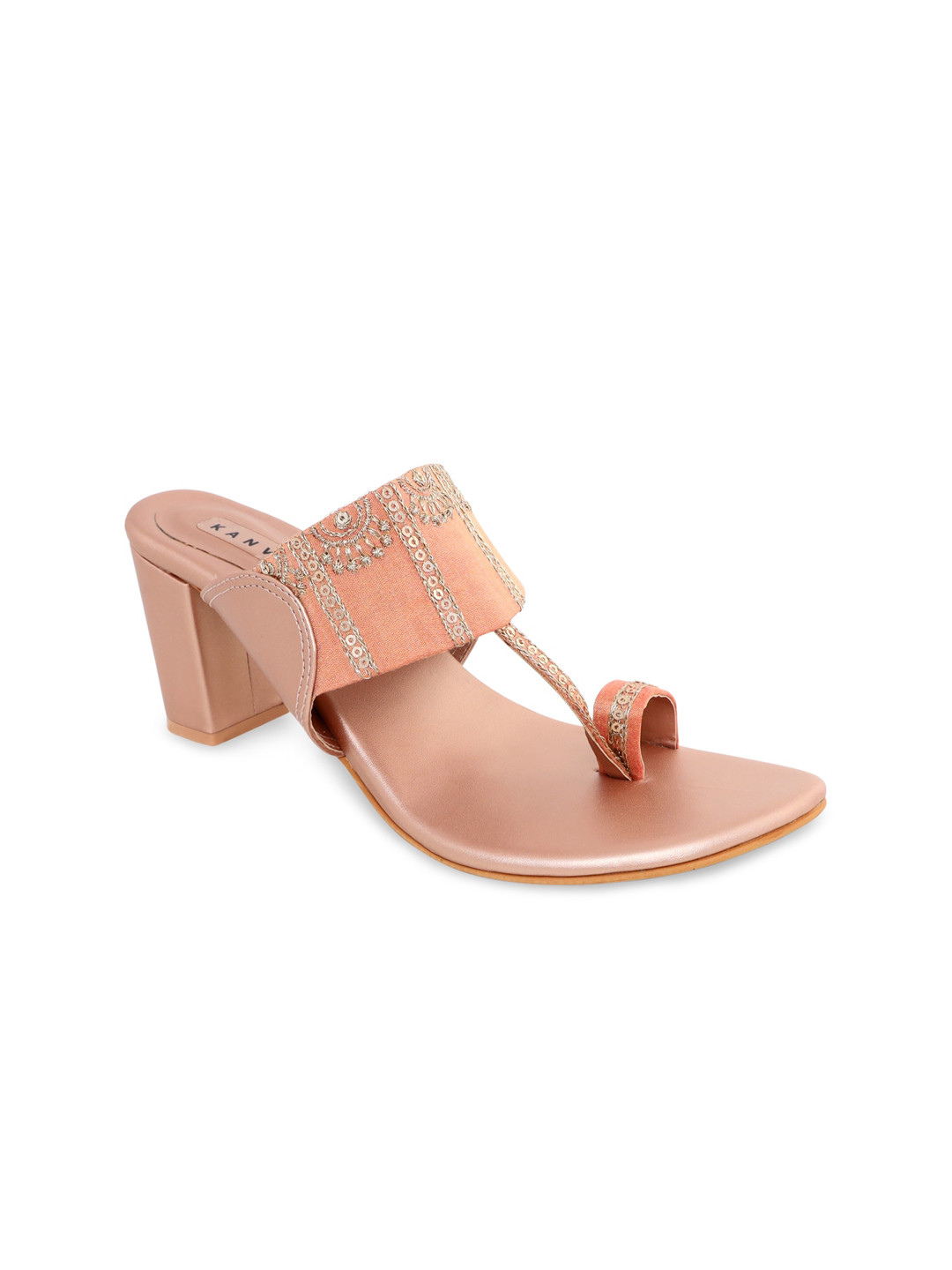

Kanvas Peach-Coloured Embellished Ethnic Block Sandals