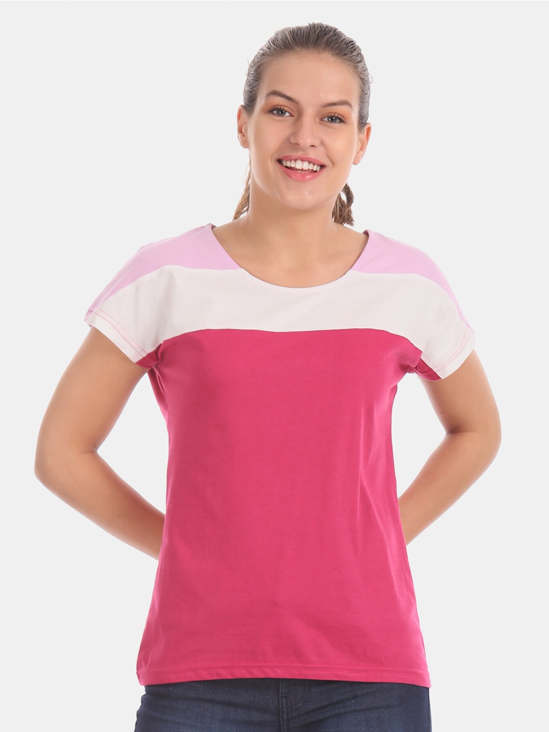 

Sugr Women Pink & White Colourblocked Round Neck T-shirt