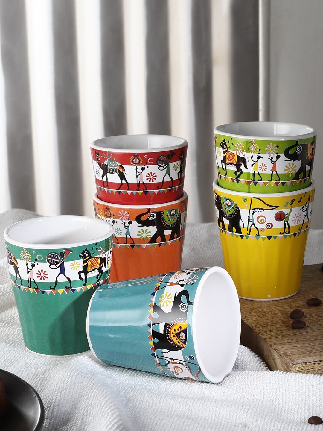 

The Decor Mart Multicoloured Set of 6 Elephant Motif Hand Painted Ceramic Glossy Kulladhs, Multi
