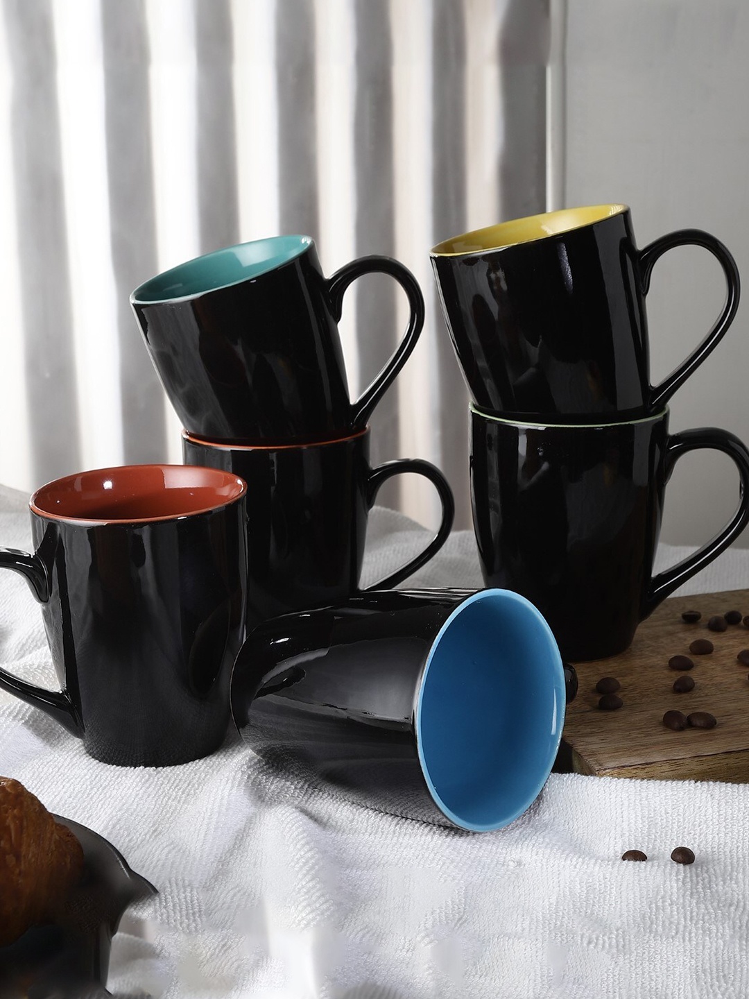 

The Decor Mart Set-6 Black & Blue Solid Ceramic Glossy Cups and Mugs