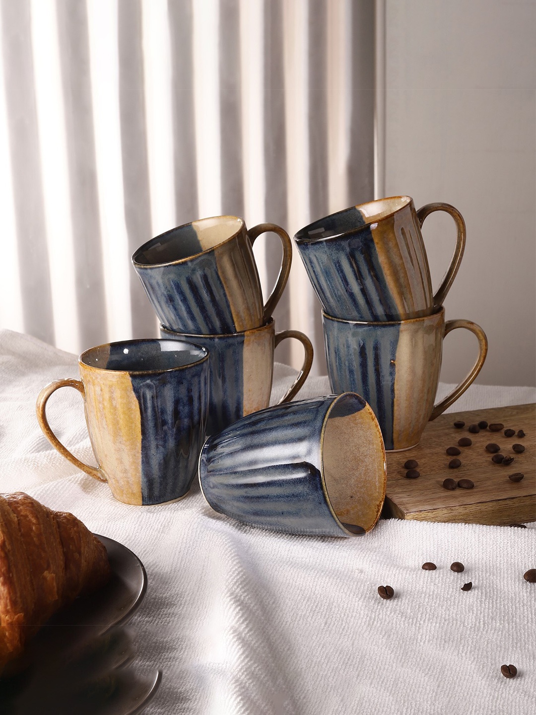 

The Decor Mart Set Of 6 Navy Blue & Mustard Textured Ceramic Coffee Mug