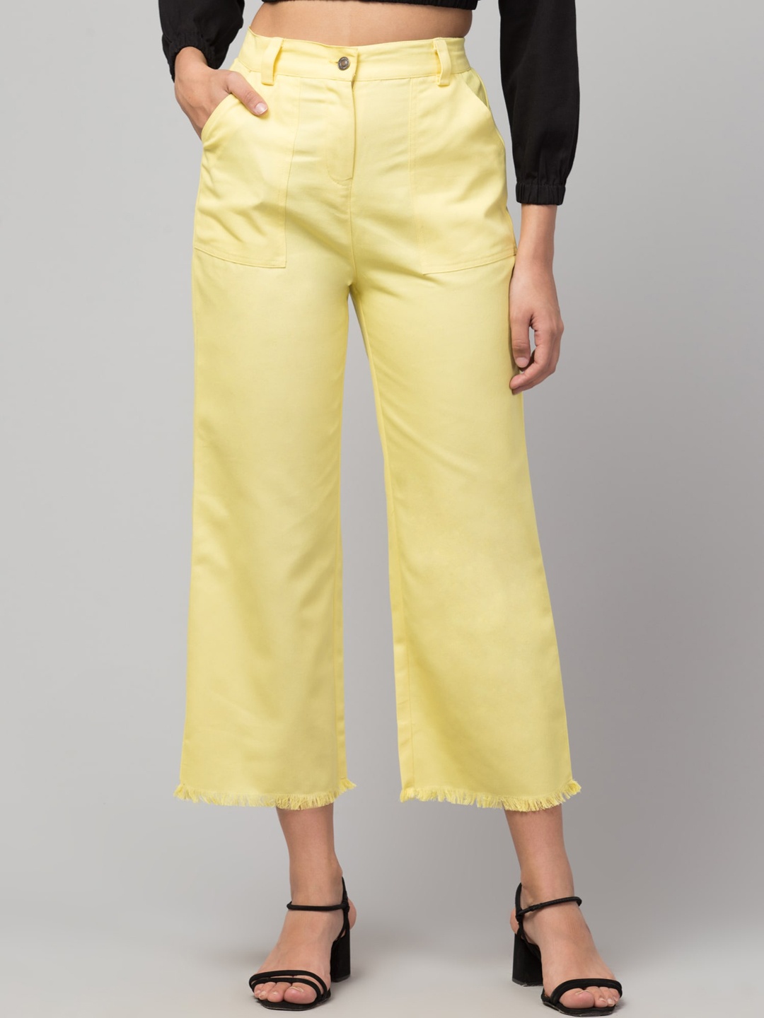 

Orchid Blues Women Yellow Flared High-Rise Parallel Trousers