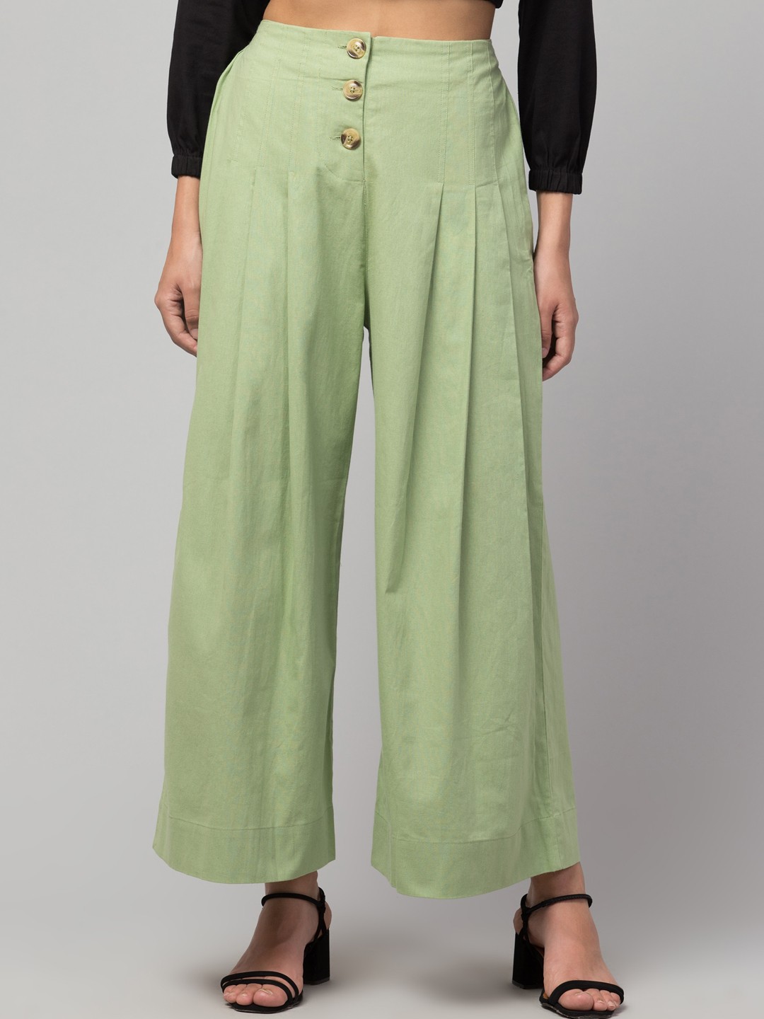 

Orchid Blues Women Green Flared High-Rise Pleated Parallel Trousers