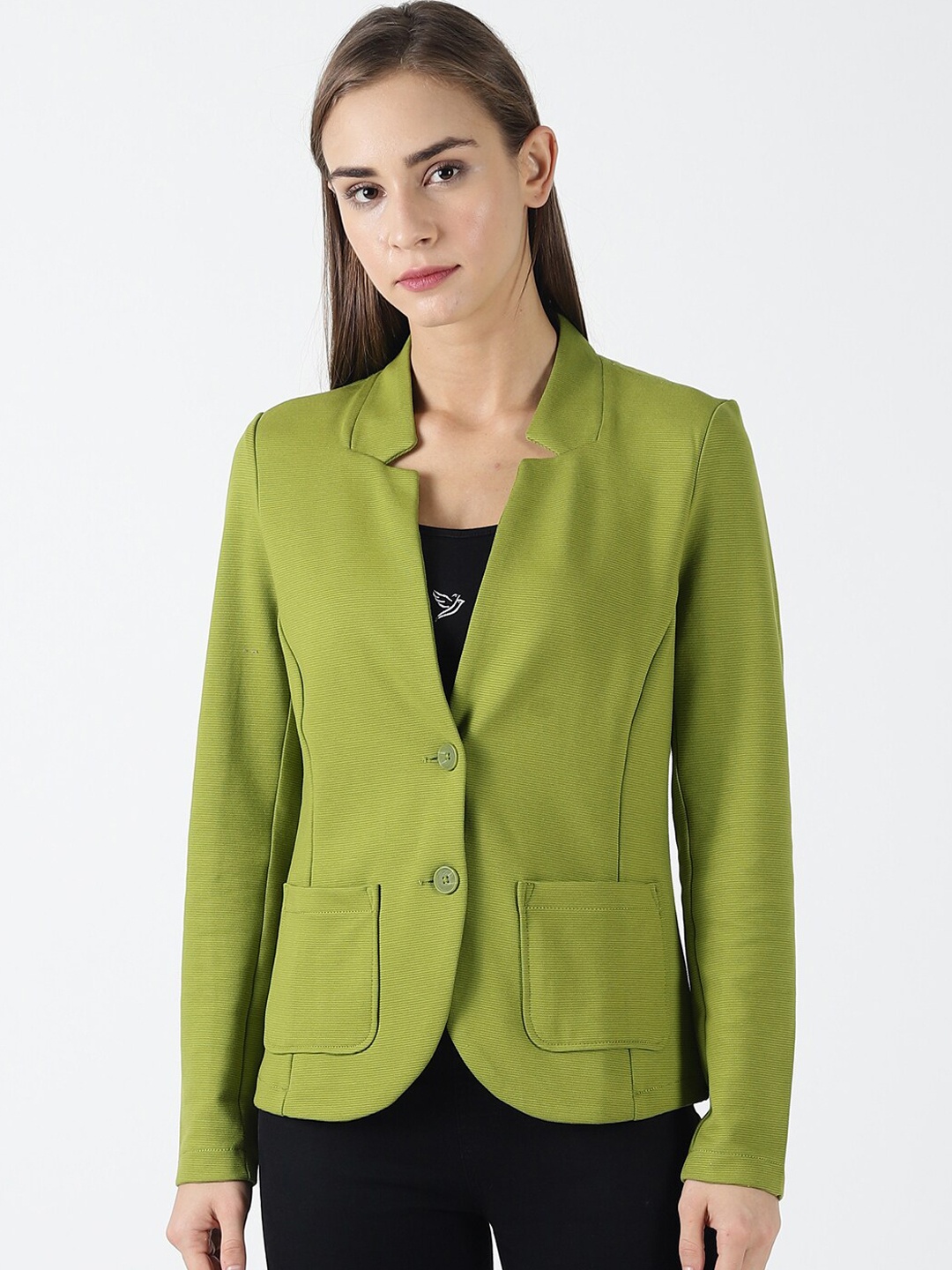 

UrGear Women Green Solid Pure Cotton Single-Breasted Casual Blazer