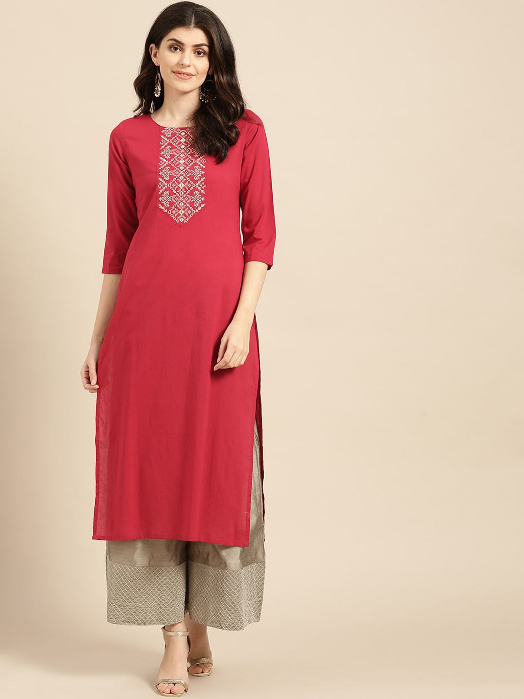 

Varanga Women Red Ethnic Motifs Yoke Design Kurta