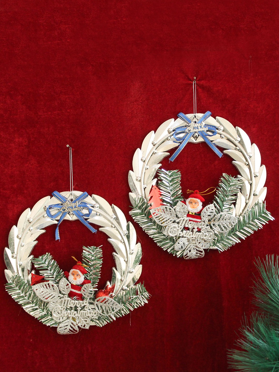 

TIED RIBBONS Set Of 2 Silver-Toned & Green Hanging Christmas Wreath