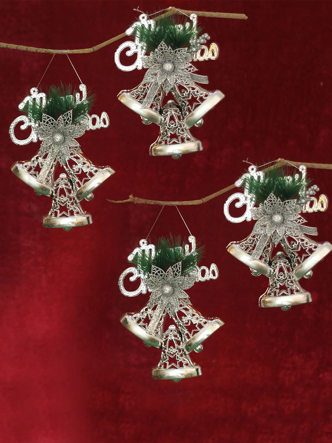 

TIED RIBBONS Unisex Silver-Toned & Green Set Of 4 Wall Door Hanging Bells
