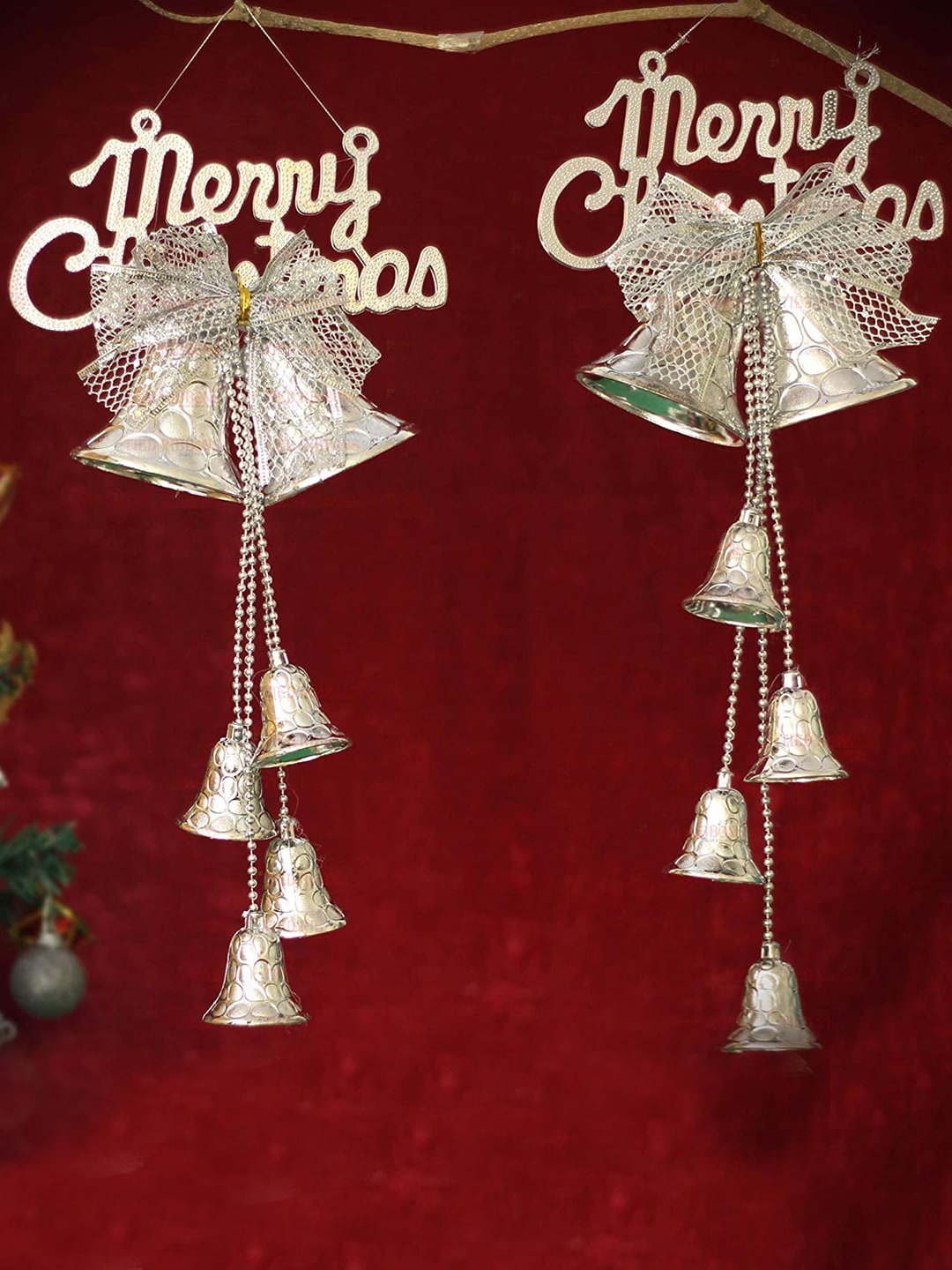 

TIED RIBBONS Set Of 2 Silver-Toned Christmas Tree Hanging Bells Wall Decor