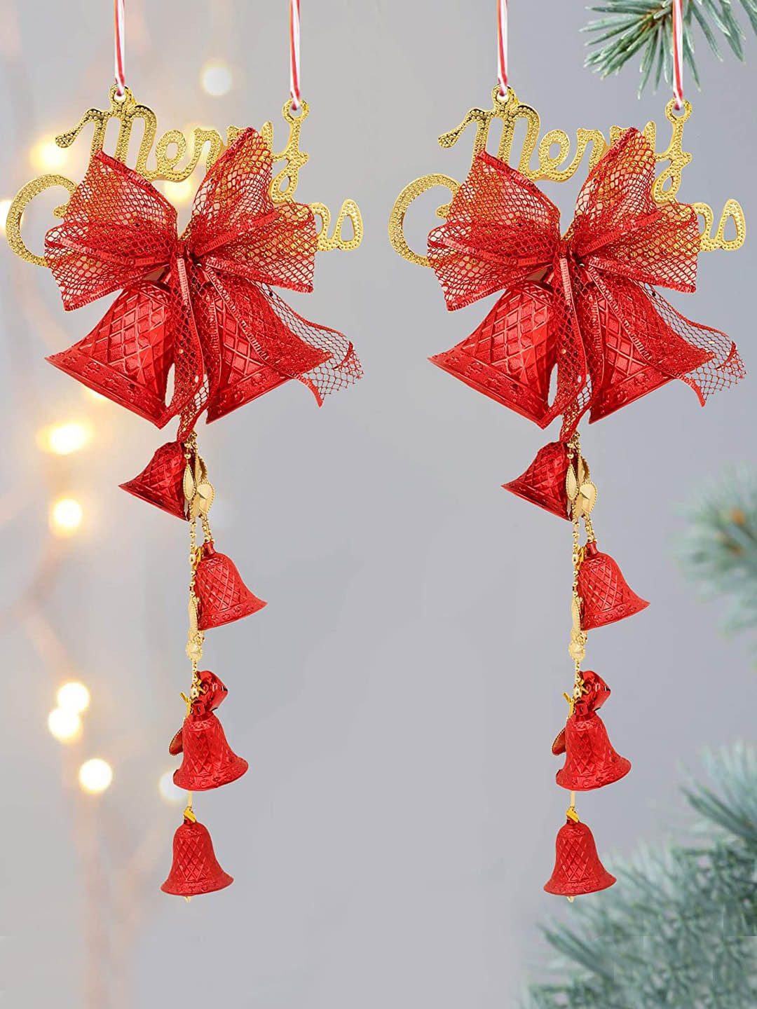 

TIED RIBBONS Set of 2 Christmas Wall Decor Door Tree Hanging Bells Ornaments, Multi