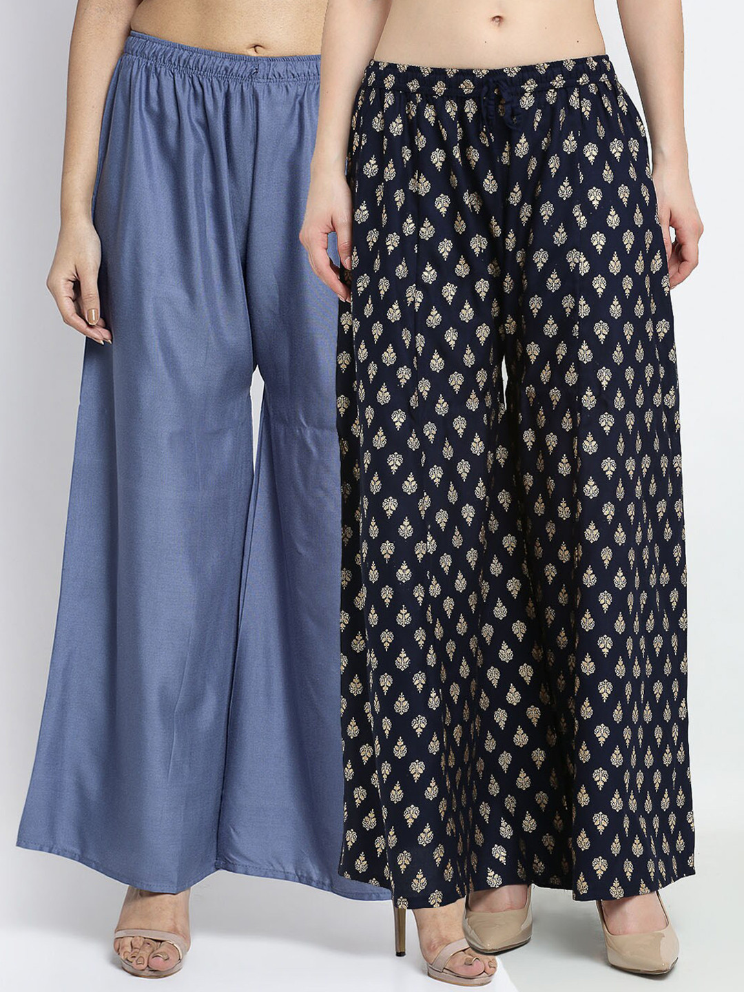 

GRACIT Set-2 Women Grey & Blue Printed Knitted Ethnic Palazzos