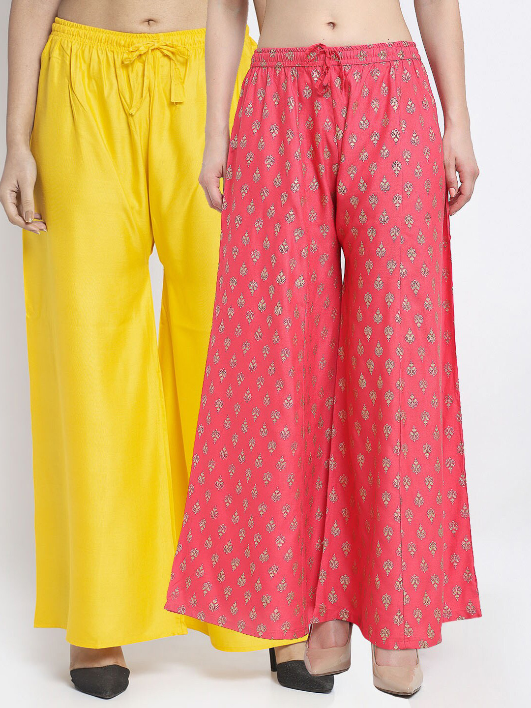 

GRACIT Women Set of 2 Yellow & Peach Ethnic Motifs Printed Flared Knitted Ethnic Palazzos