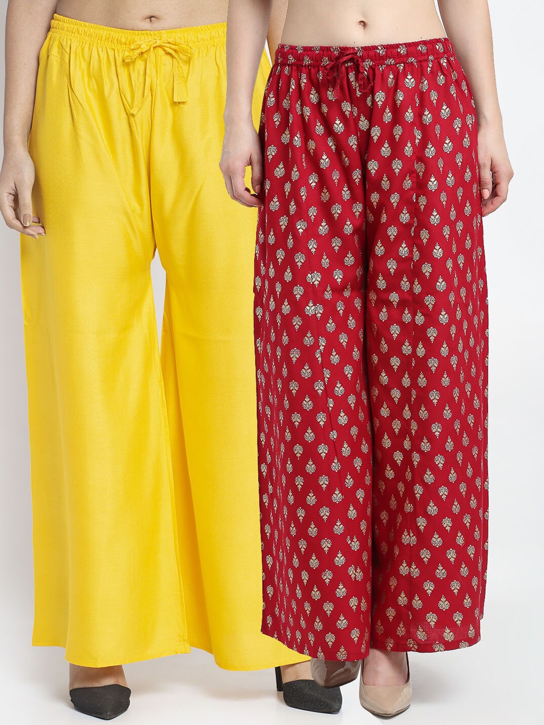 

GRACIT Women Pack of 2 Printed Knitted Ethnic Palazzos, Yellow