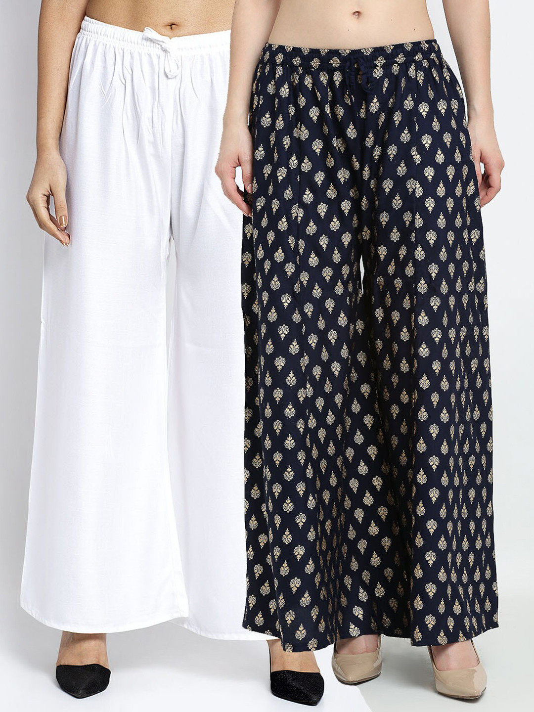 

GRACIT Women White & Navy Blue Pack Of 2 Flared Knitted Ethnic Palazzos