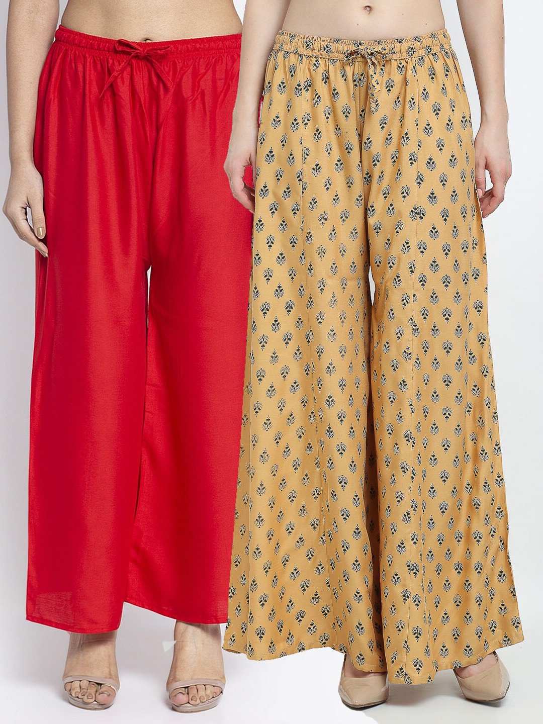 

GRACIT Women Pack Of 2 Red & Nude-Coloured Ethnic Motifs Printed Flared Ethnic Palazzos