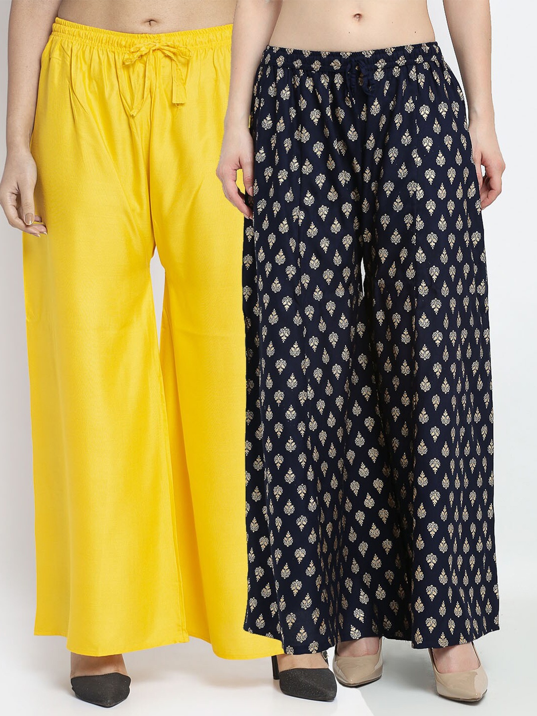 

GRACIT Set-2 Women Yellow & Navy Blue Floral Printed Flared Knitted Ethnic Palazzos