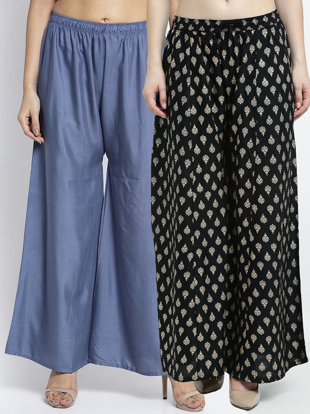 

GRACIT Pack Of 2 Women Grey & Black Floral Printed Flared Knitted Ethnic Palazzos