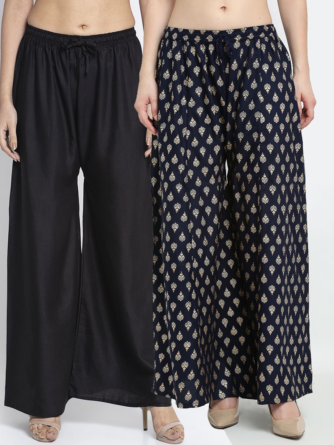

GRACIT Women Pack of 2 Floral Printed Flared Knitted Ethnic Palazzos, Black
