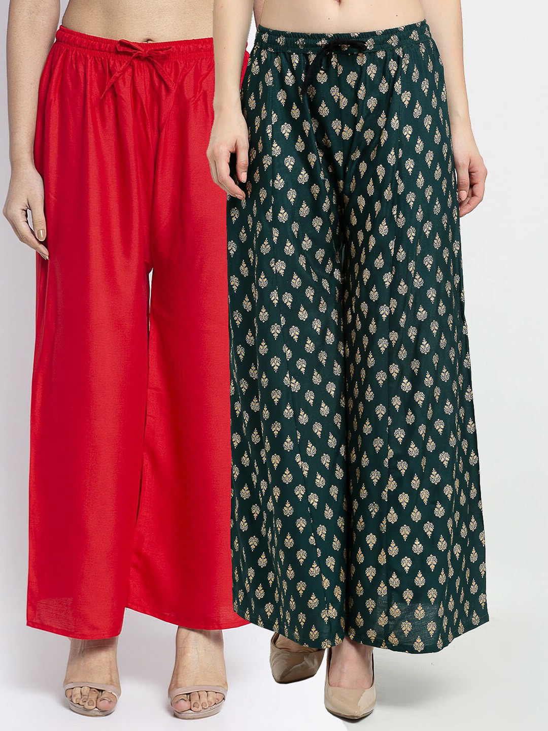 

GRACIT Women Pack of 2 Ethnic Motifs Printed Flared Knitted Ethnic Palazzos, Red