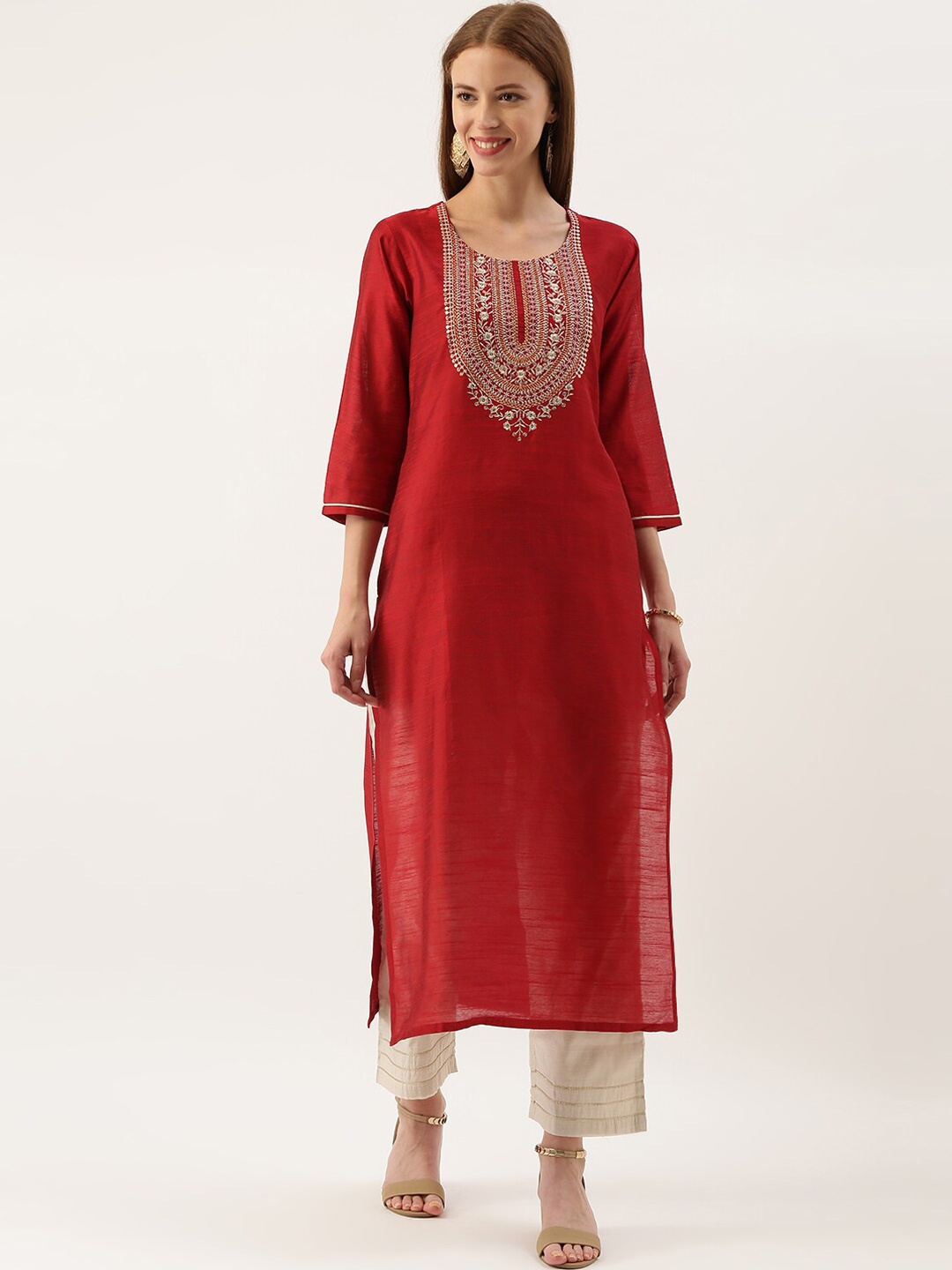 

Varanga Women Red Yoke Design Mirror Work Kurta