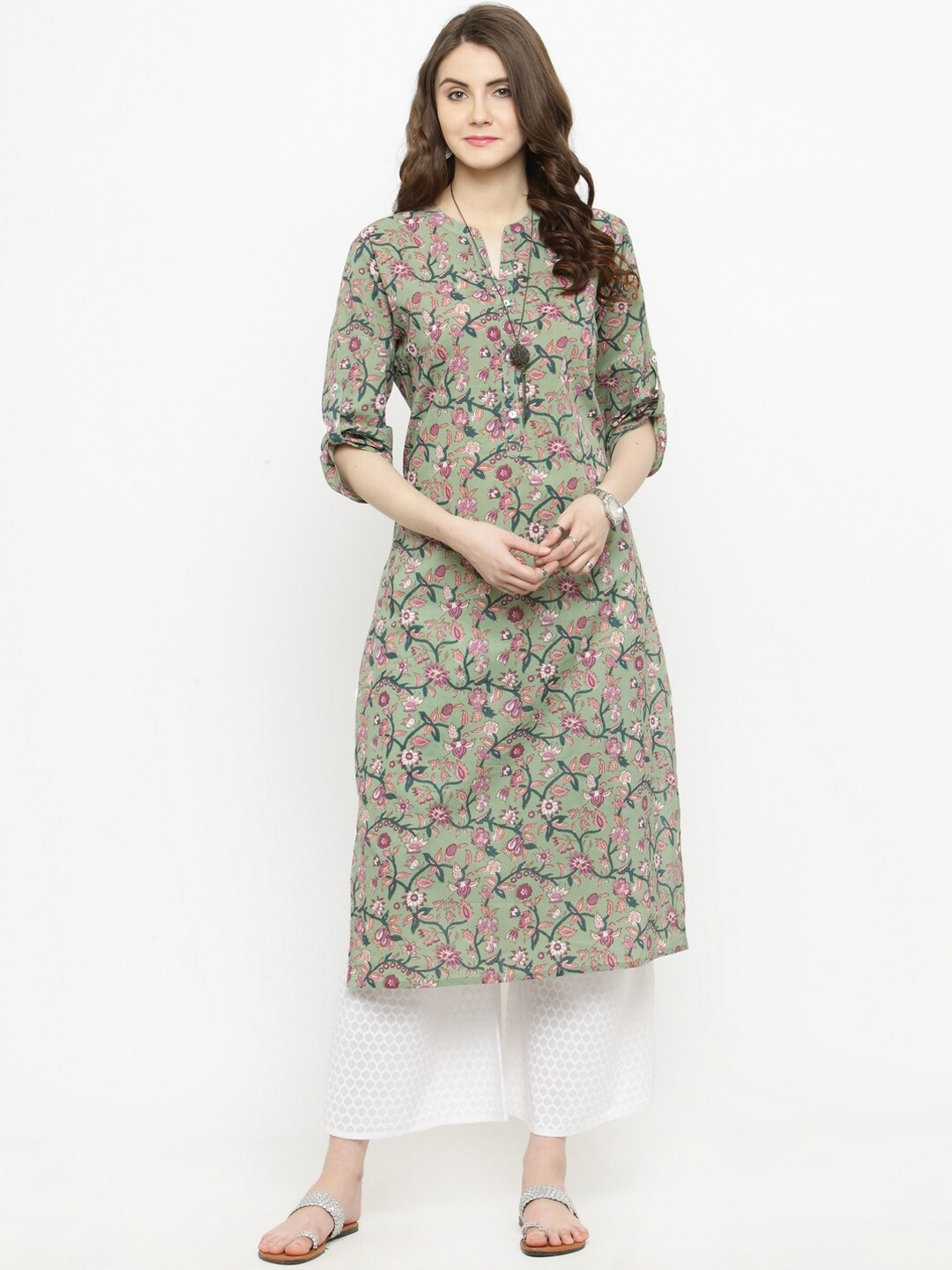 

Varanga Women Olive Green Paisley Embroidered Keyhole Neck Kurta