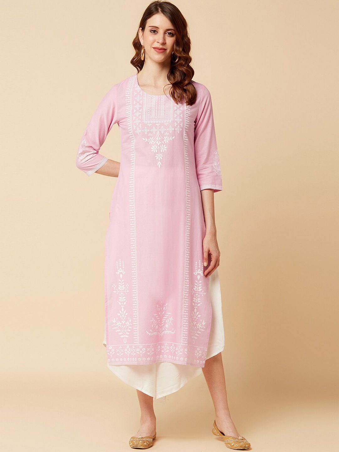 

Varanga Pink Ethnic Motifs Layered A-Line Cotton Midi Dress