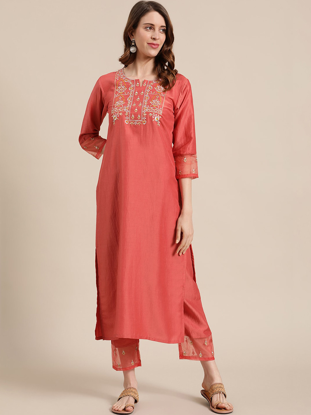 

Varanga Women Coral Ethnic Motifs Embroidered Kurta with Trousers
