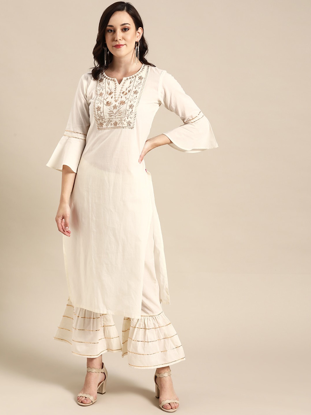

Varanga Women Off White Floral Yoke Design Regular Pure Cotton Kurta with Sharara