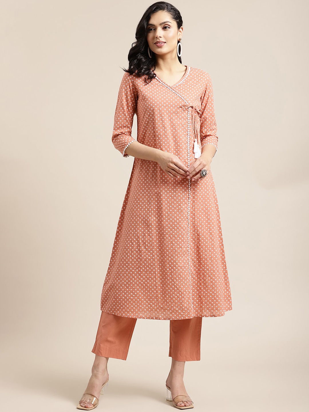 

Varanga Women Peach-Coloured Printed Angrakha Pure Cotton Kurti with Trousers