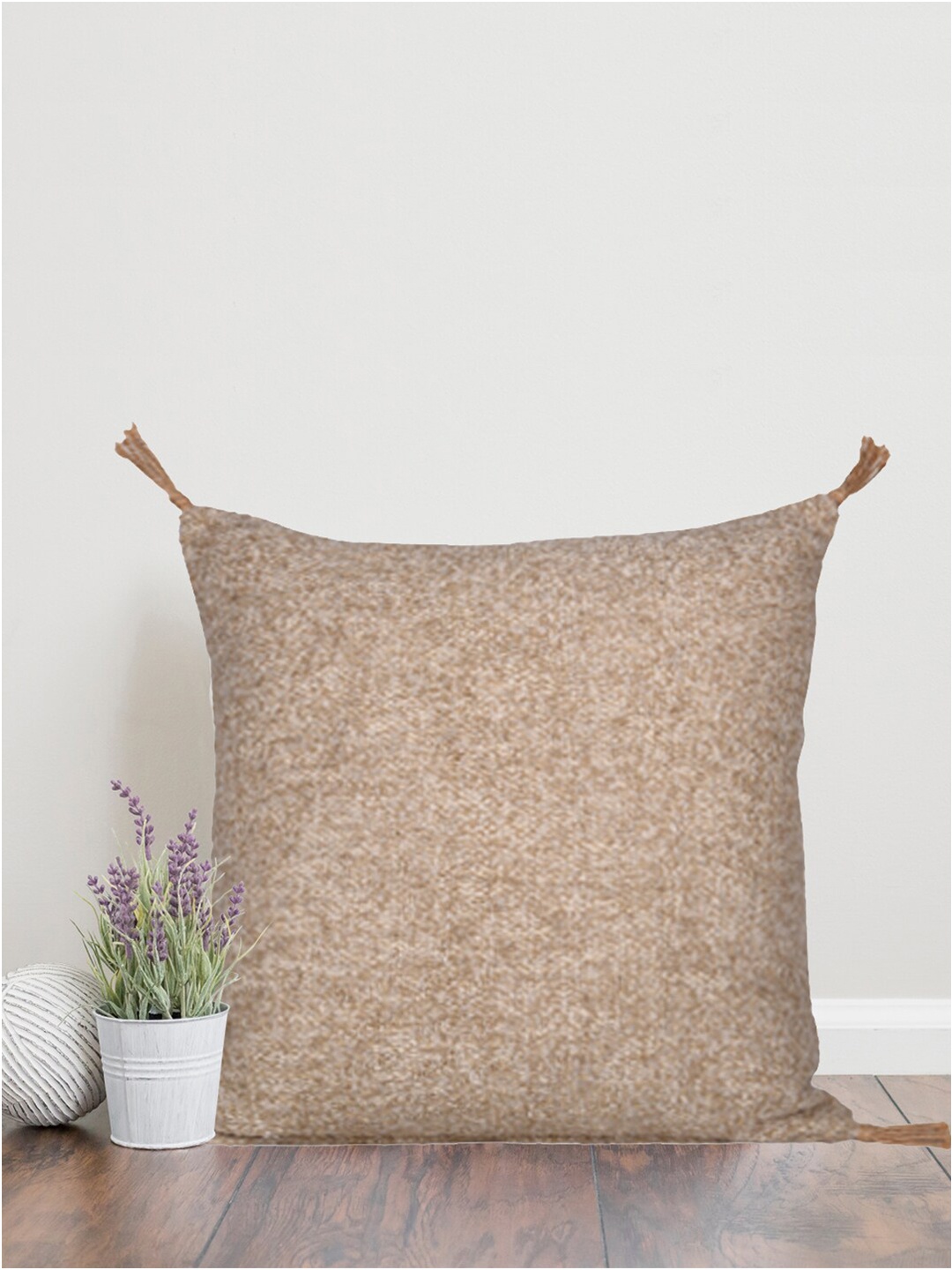 

Home Unisex Beige Solid Square Cushion Cover with Jute Tassels