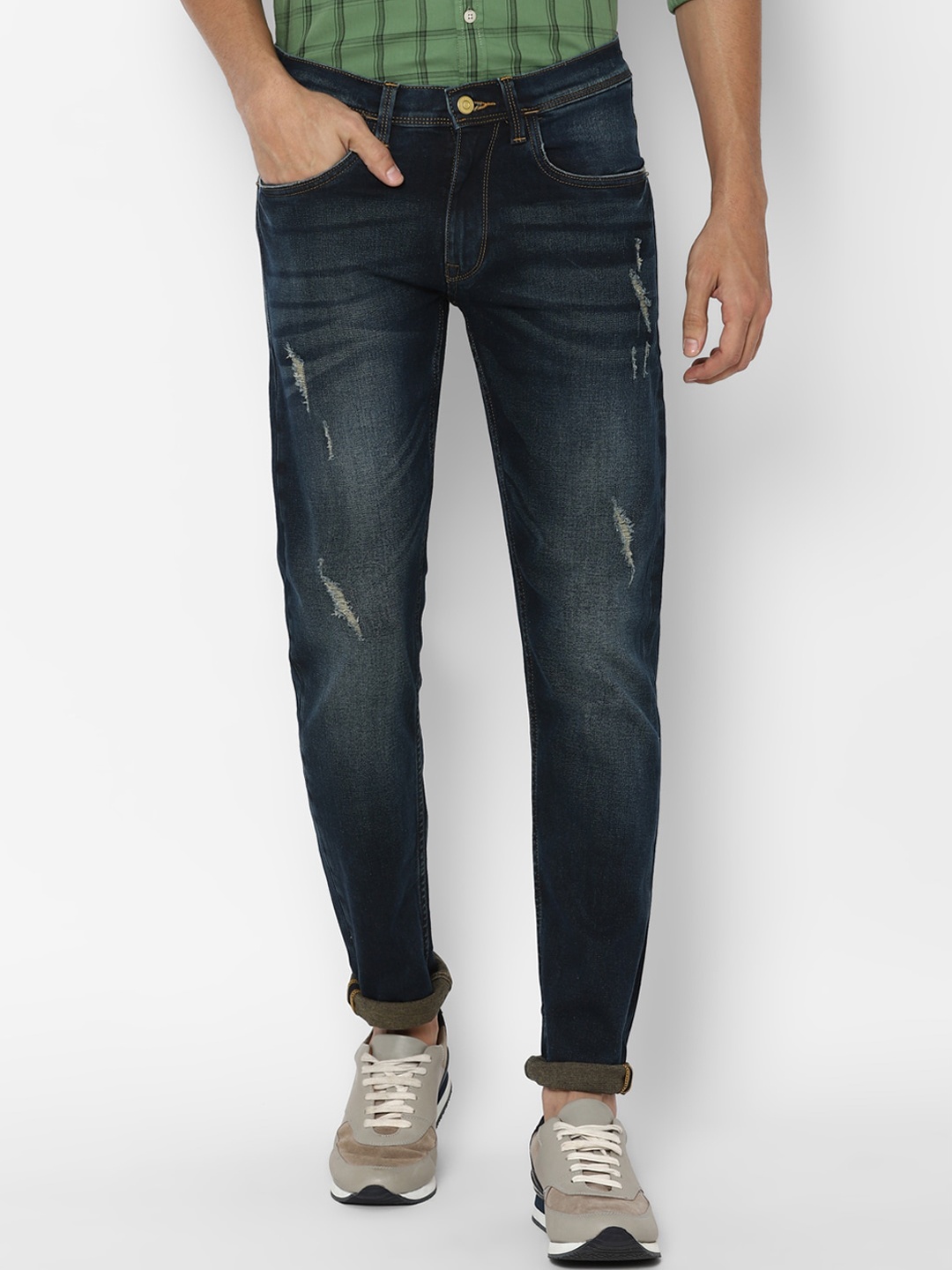 

Allen Solly Men Navy Blue Skinny Fit Mildly Distressed Heavy Fade Jeans