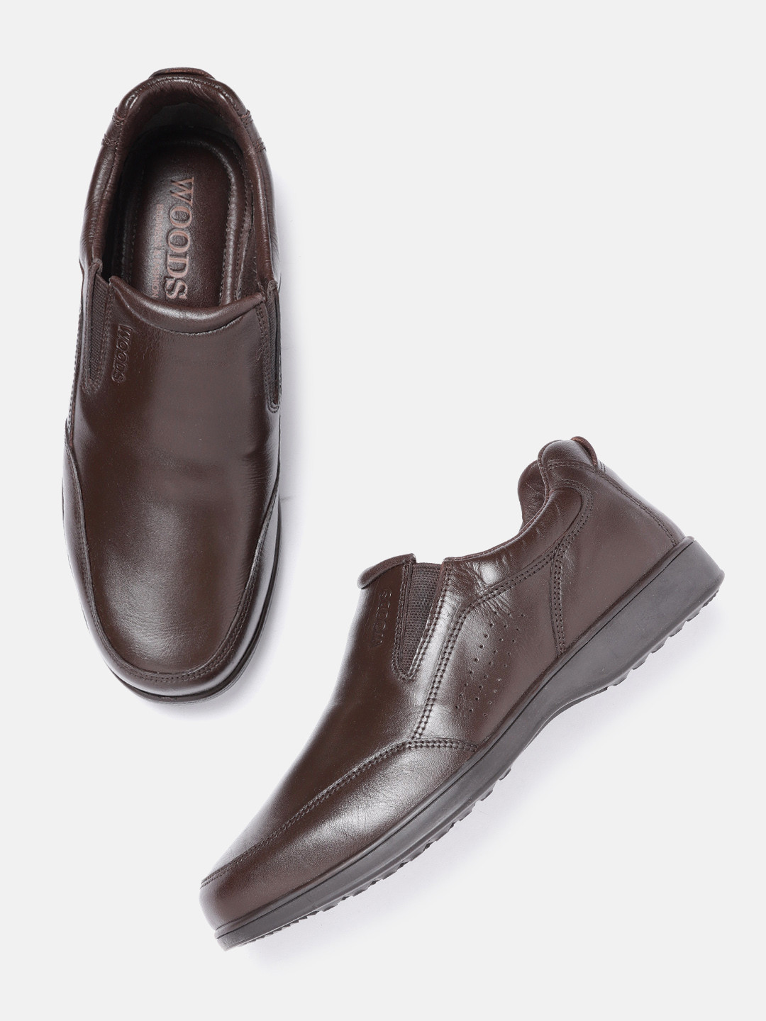 

Woods Men Coffee Brown Leather Solid Formal Slip-On Shoes with Perforated Detail