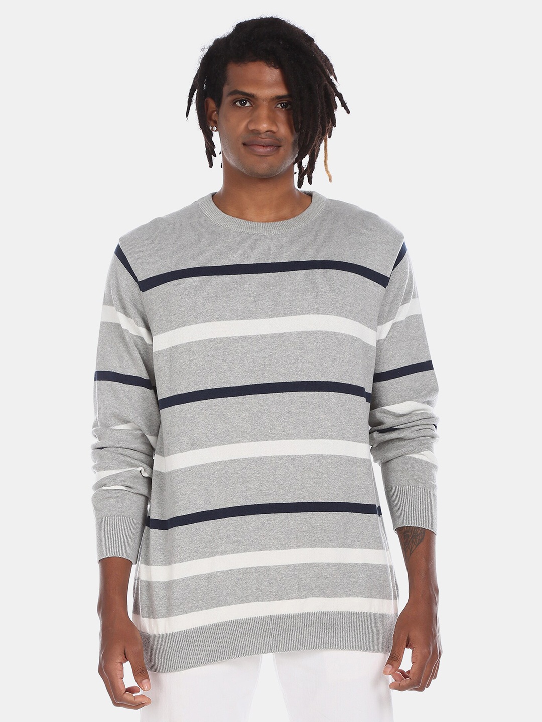

Ruggers Men Grey Striped Pure Cotton Pullover Sweater