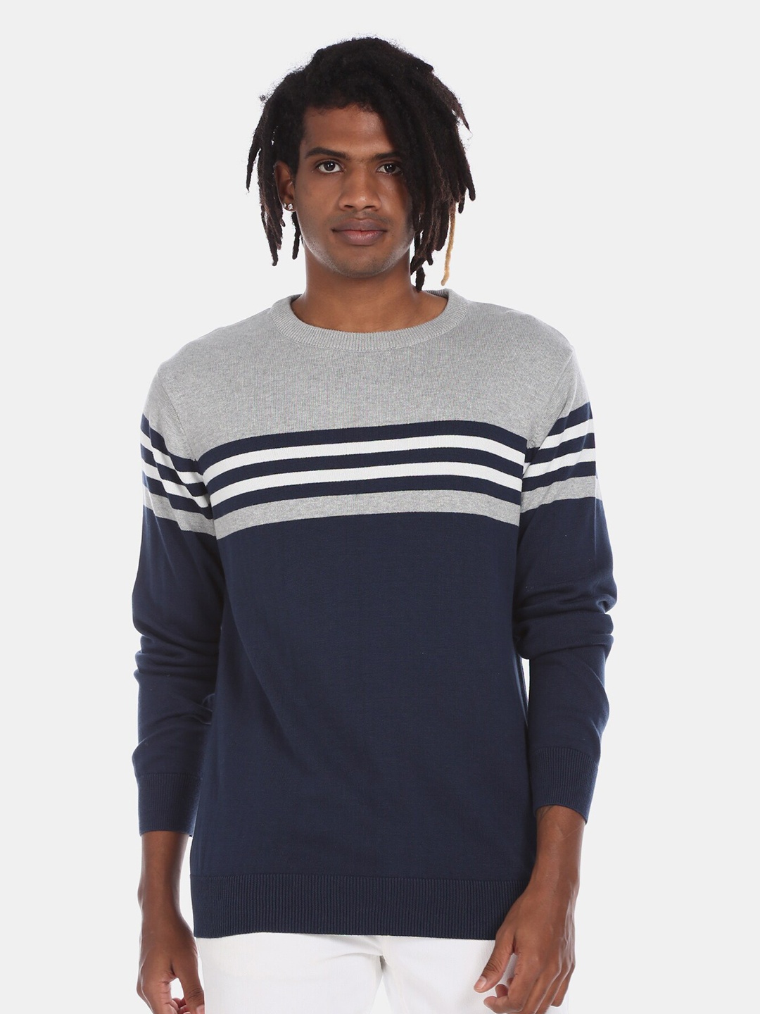 

Ruggers Men Navy Blue & White Striped Colourblocked Pure Cotton Pullover