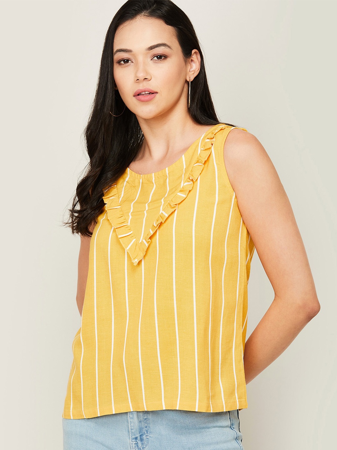

Bossini Mustard Yellow & White Striped Round Neck Regular Top