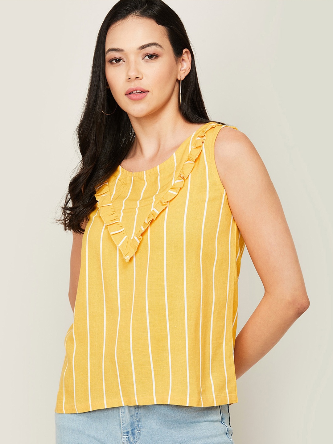 

Bossini Mustard Yellow & White Striped Round Neck Regular Top